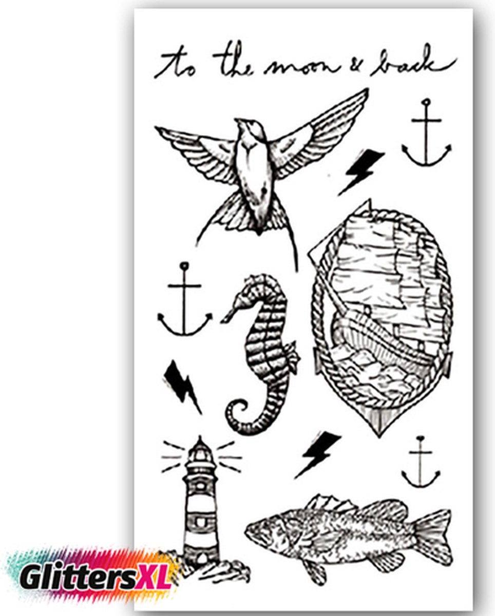 GlittersXL - Temporary Tattoo Vogel/Vis/Vuurtoren/Zeepaard/Anker (11x6cm) [Neptattoo - Tijdelijke tatoeage - Nep Fake Tattoos - Water overdraagbare festival sticker henna outfit tattoo - Glitter tattoo - Volwassenen Kinderen Jongen Meisje]